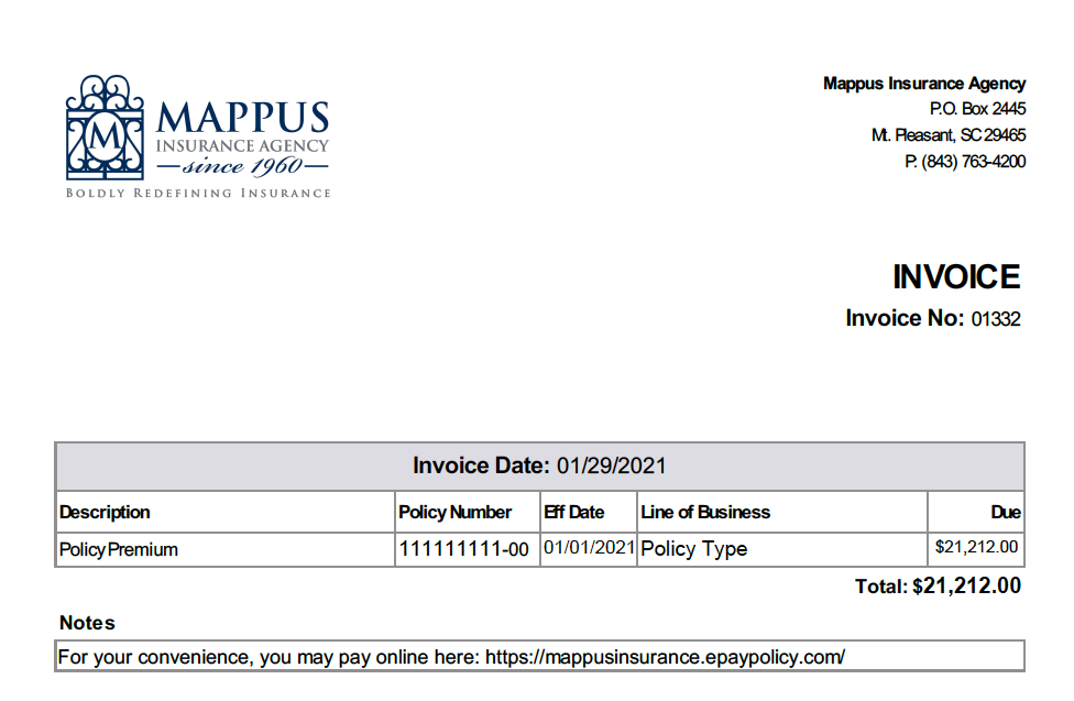 Sample Mappus Insurance Agency Invoice for Agency Billed Policies